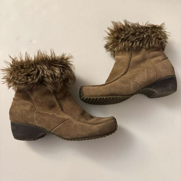 Sporto | Boots & Shoes | Faux Fur Suede Side Zip Brown Leather Booties Size 6 - Picture 1 of 7